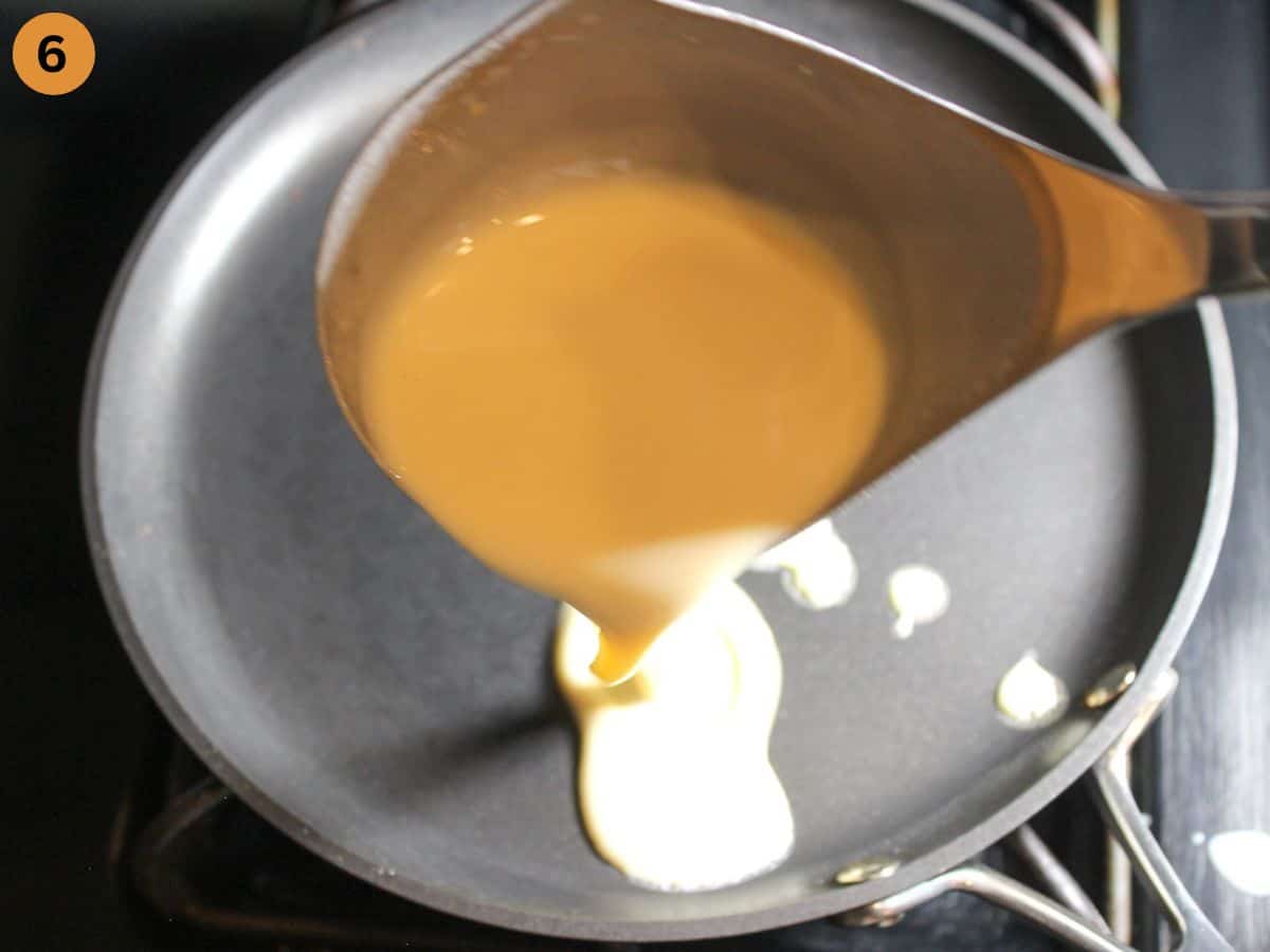 How to pour crepe batter from a ladle onto a hot pan to form a crepe. 