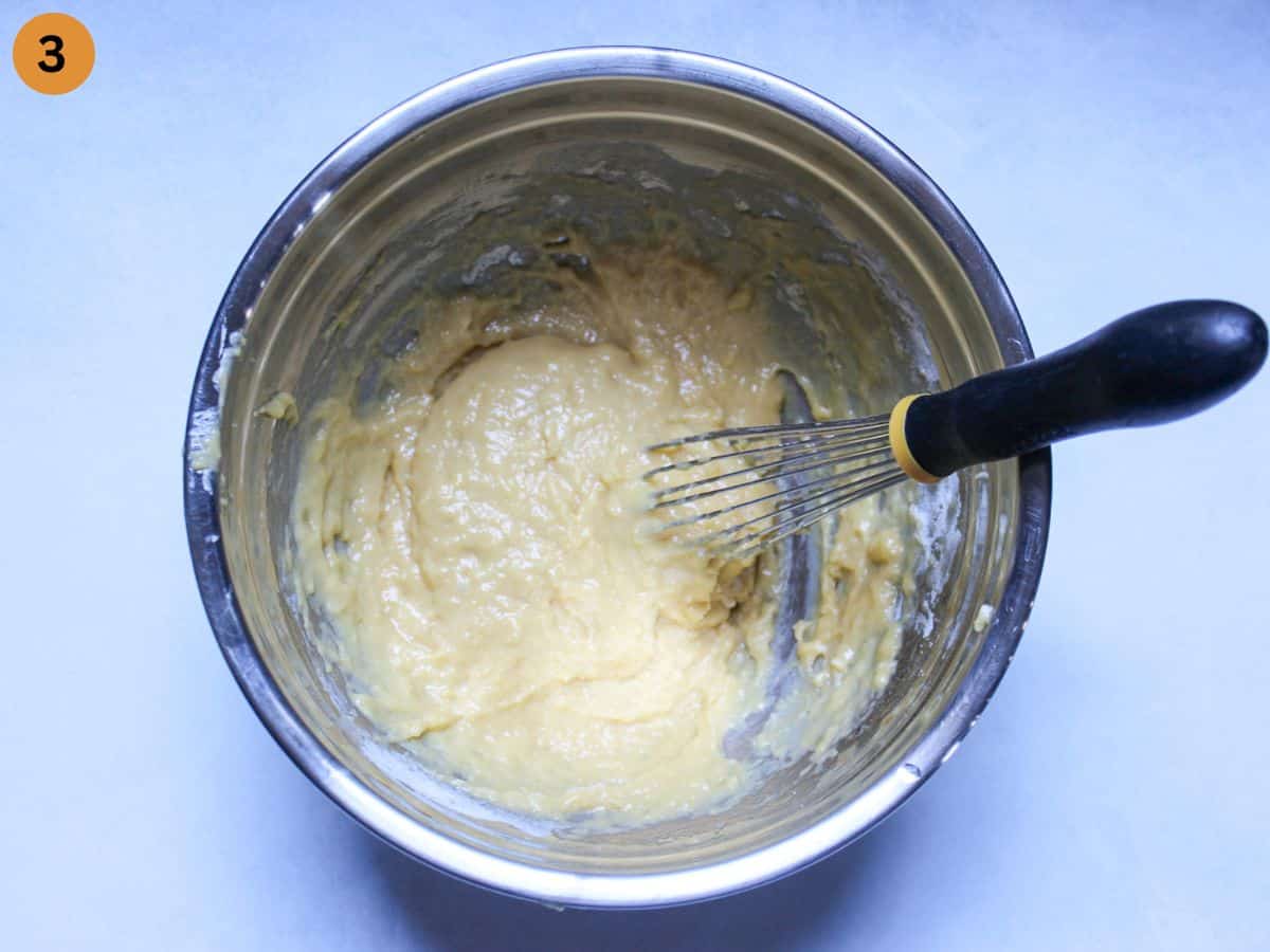 Whisked ingredients in a bowl. 
