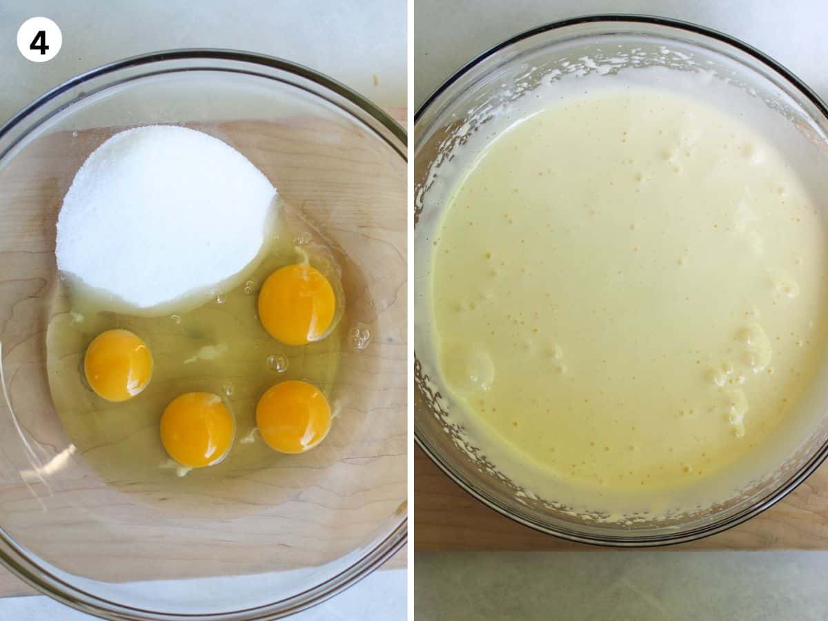 Beating the eggs and sugar in a glass bowl. 