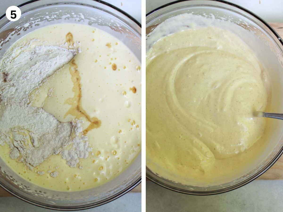 Adding vanilla and dry ingredients to the egg mixture. 
