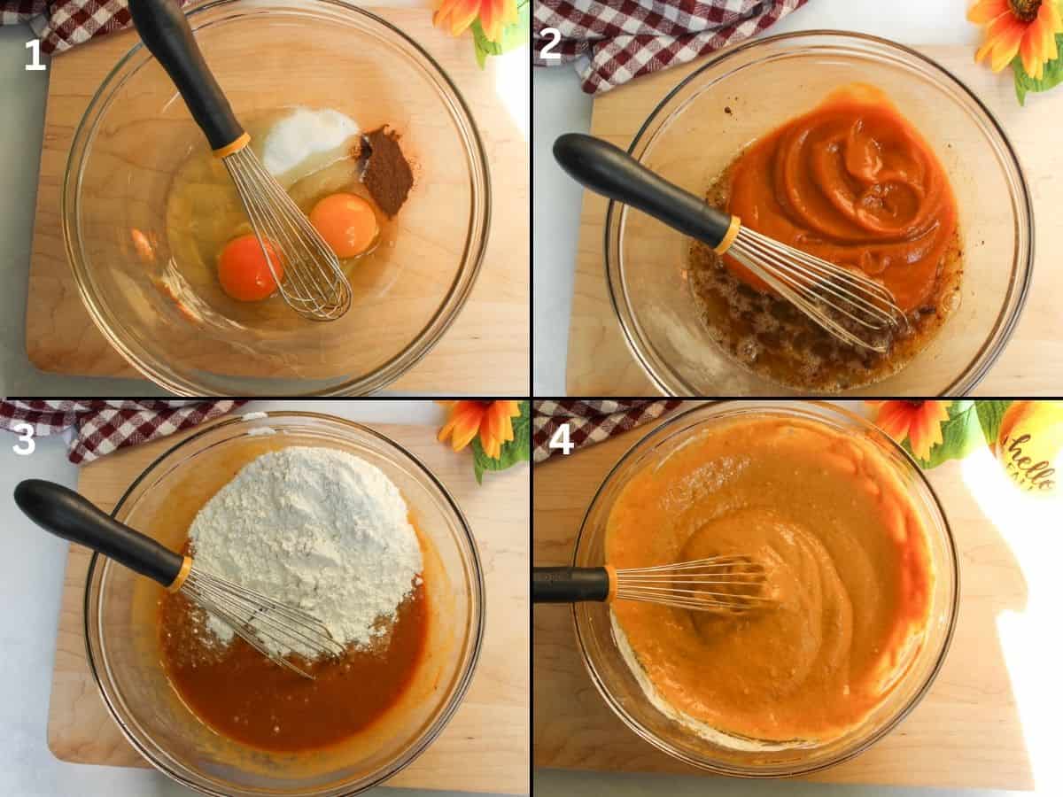 Step-by-step image collage showing on how to make crepes batter an incorporate pumpkin puree in it. 