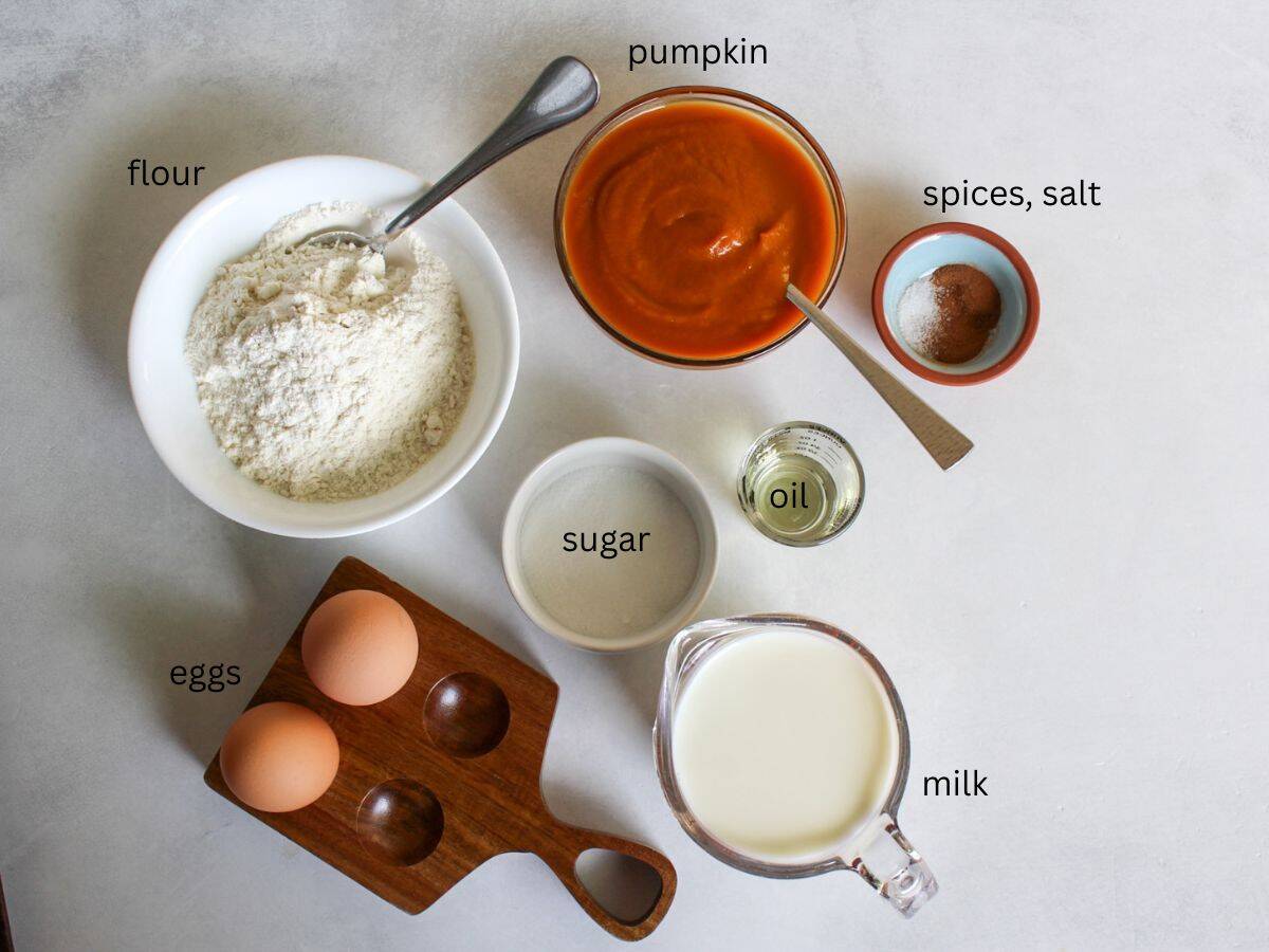 Measured recipe ingredients ready for making pumpkin crepes. 