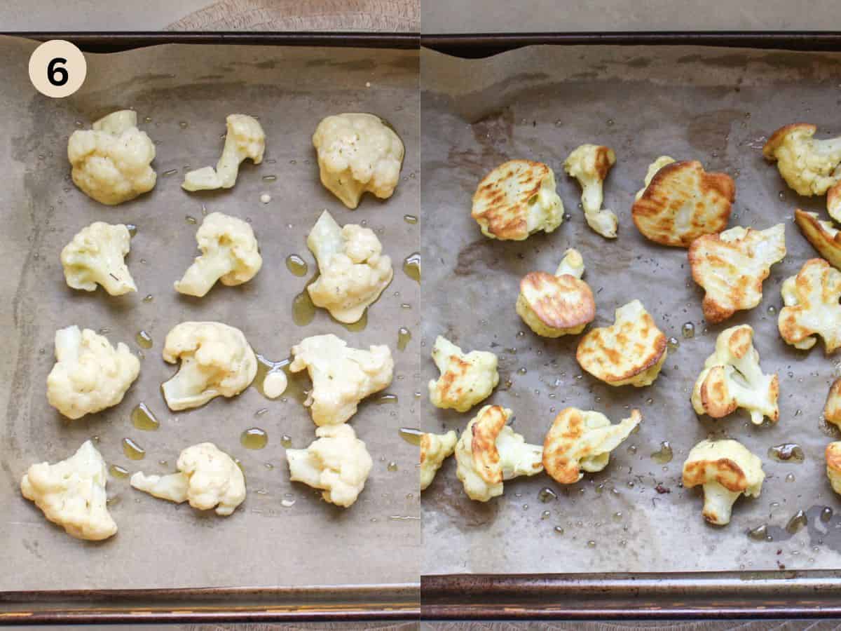 Battered cauliflower arranged on a baking pan lined with parchment paper, baked until golden brown.