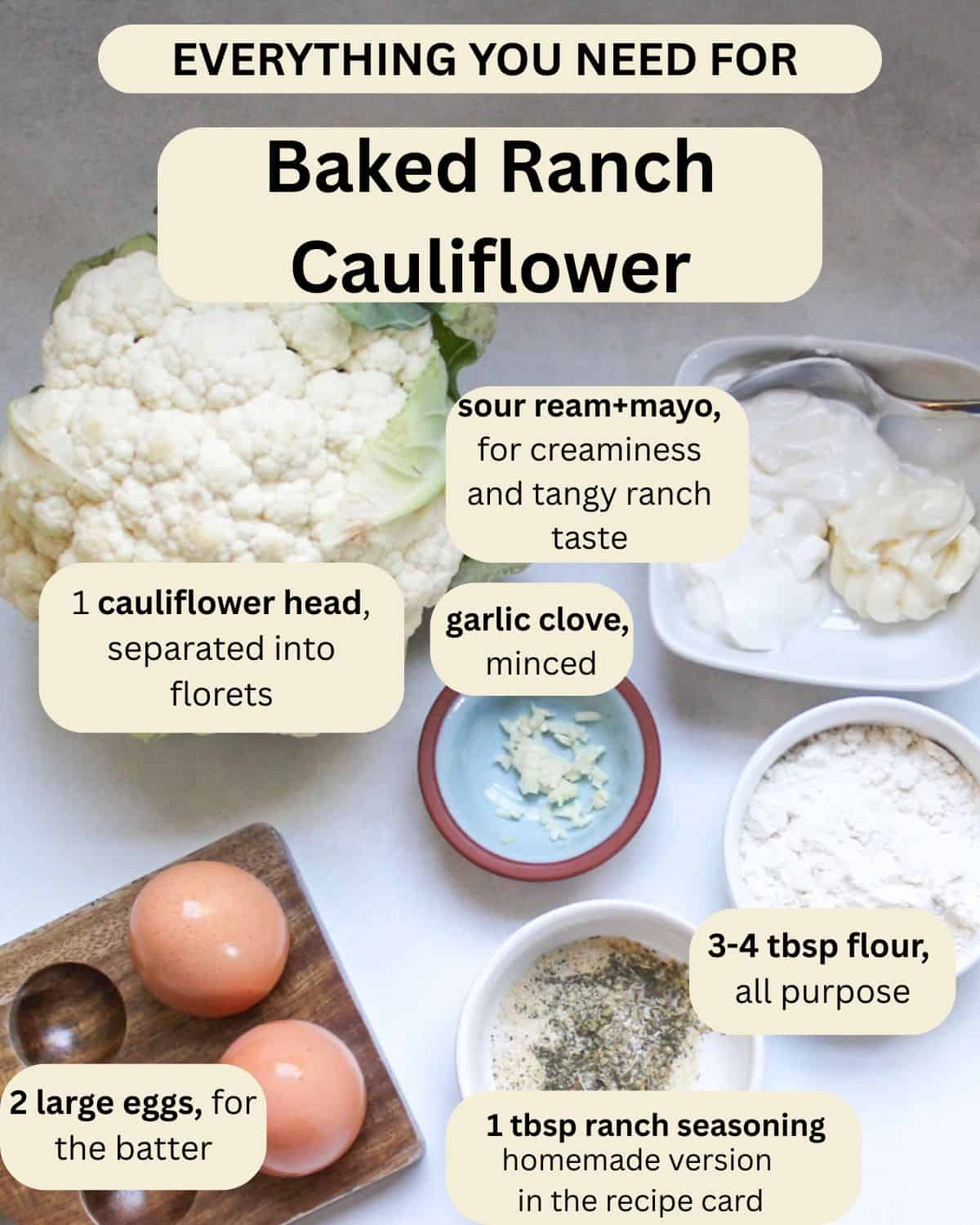 Measured recipe ingredients for making this baked cauliflower recipe.