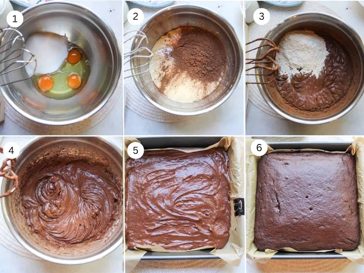 Step-by-step process of mixing the cake batter with the electrical mixer in one large bowl and baking the square cake.