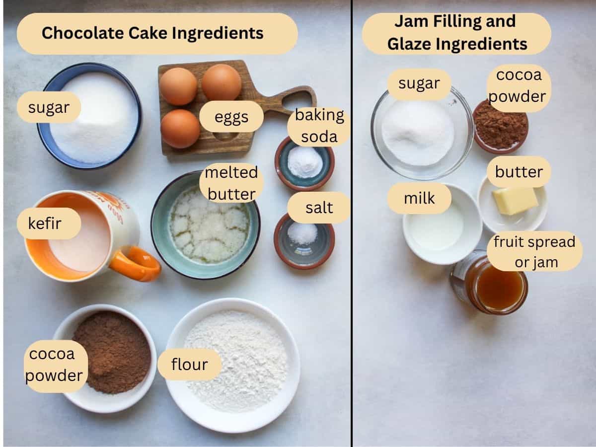 Measured recipe ingredients for making this chocolate snack cake with jam filling and chocolate glaze.