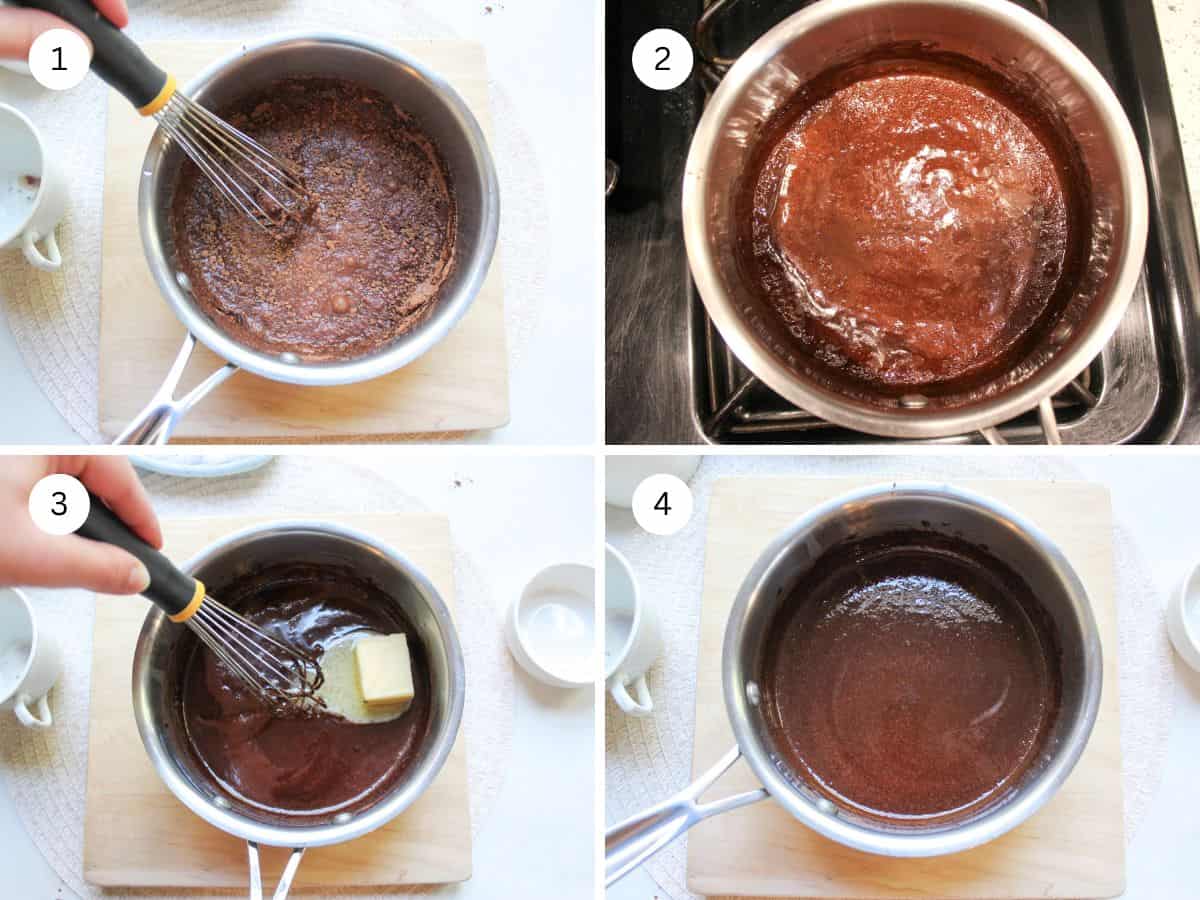 Making the chocolate glaze with cocoa powder,sugar, milk, and butter in a sauce pan.