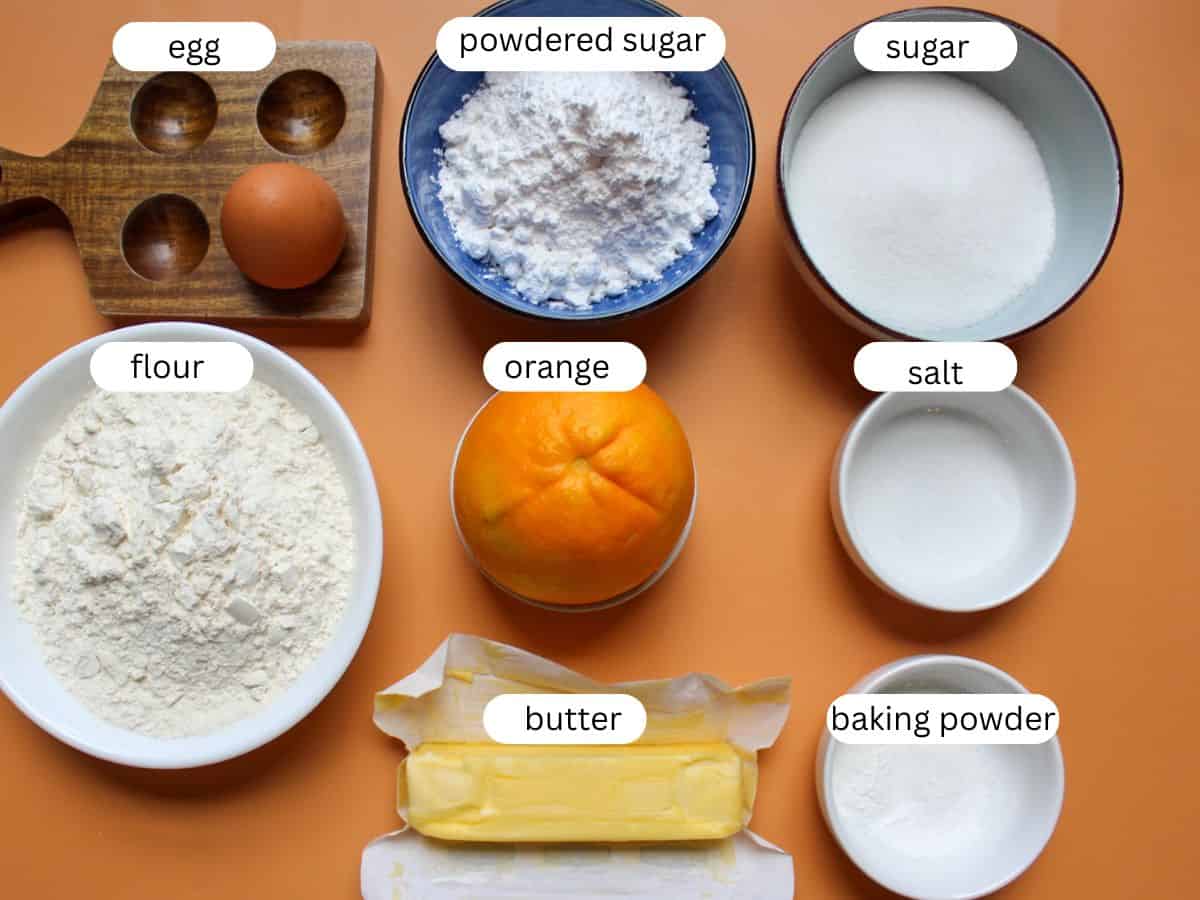 Measured recipe ingredients for making orange crinkle cookies recipe. 