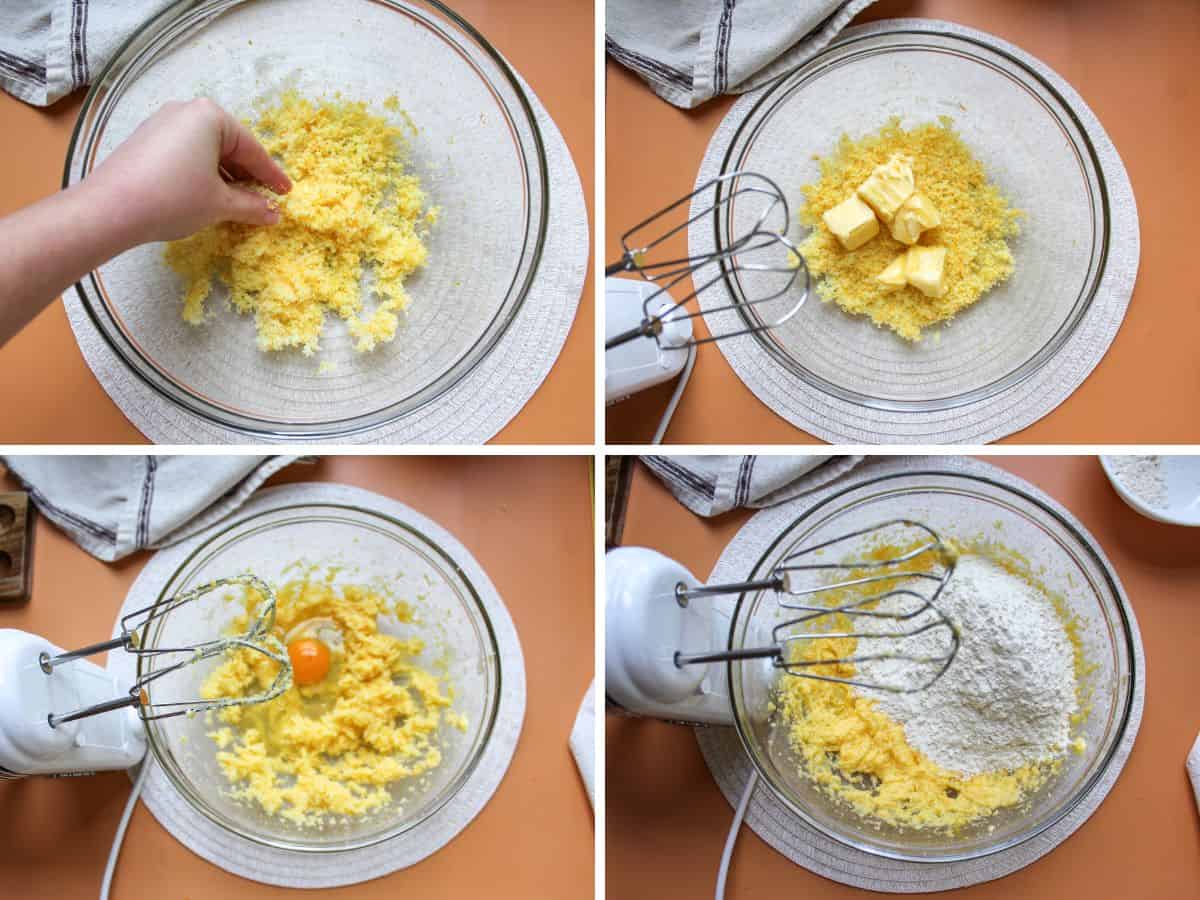 Step-by-step collage of making orange crinkle cookies dough with zest, sugar, butter, egg, and dry ingredients using electrical mixer. 