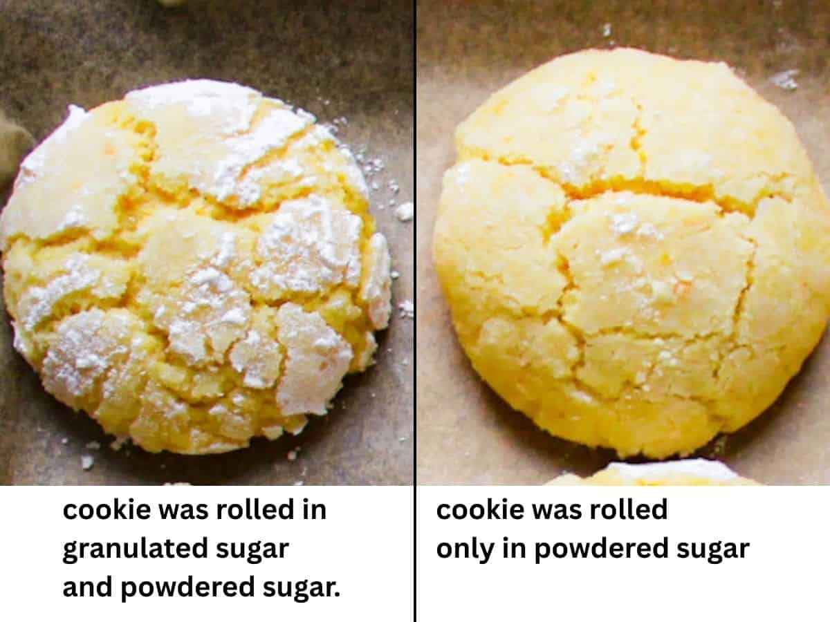 Orange cookie with visible crinkles on the left and the same cookie with no crinkles on the right, showing why rolling into two types of sugar is important. 