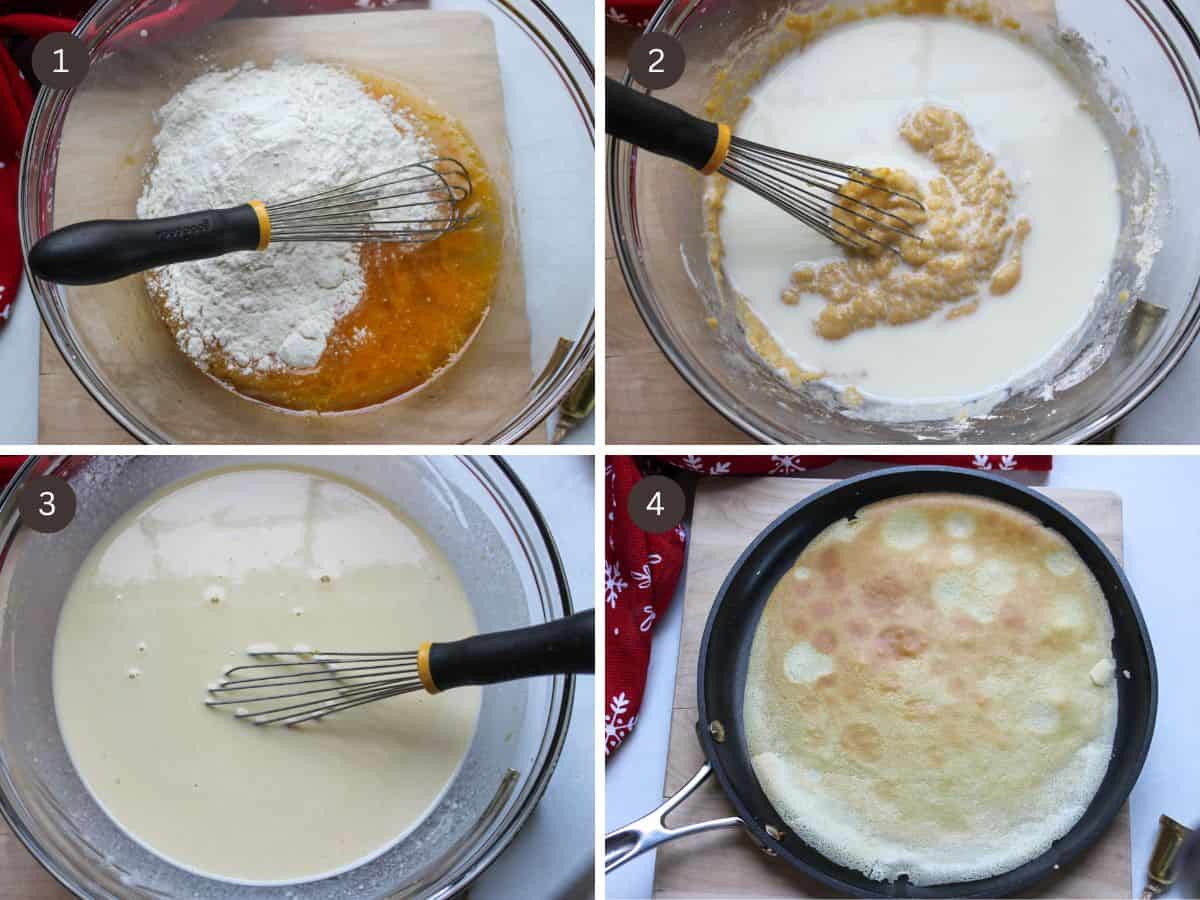Step-by-step collage showing crepe batter being mixed and thin crepes cooking in a crepe pan.