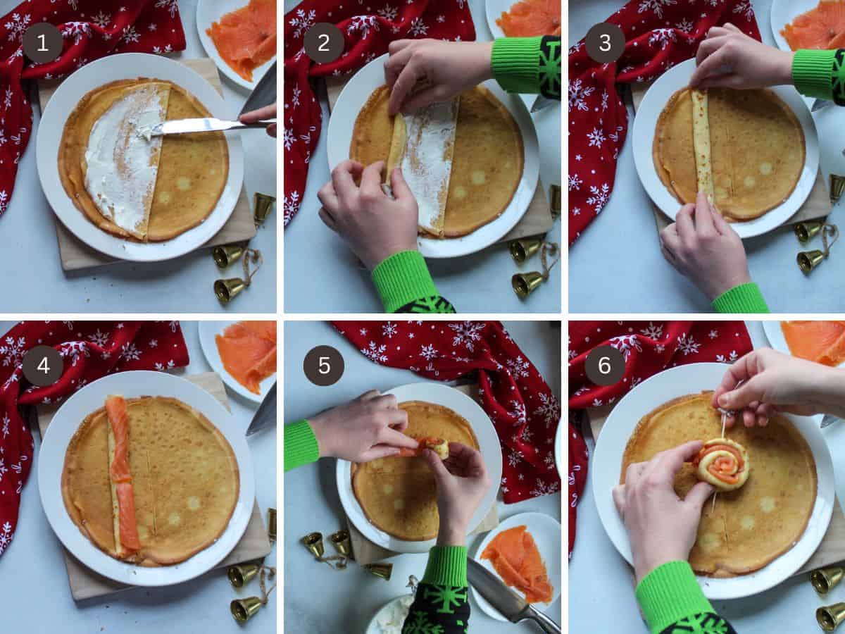 Step-by-step collage showing cream cheese spread on a halved crepe, rolled into a thin strip, topped with smoked salmon, then rolled into a pinwheel and secured with a festive toothpick.