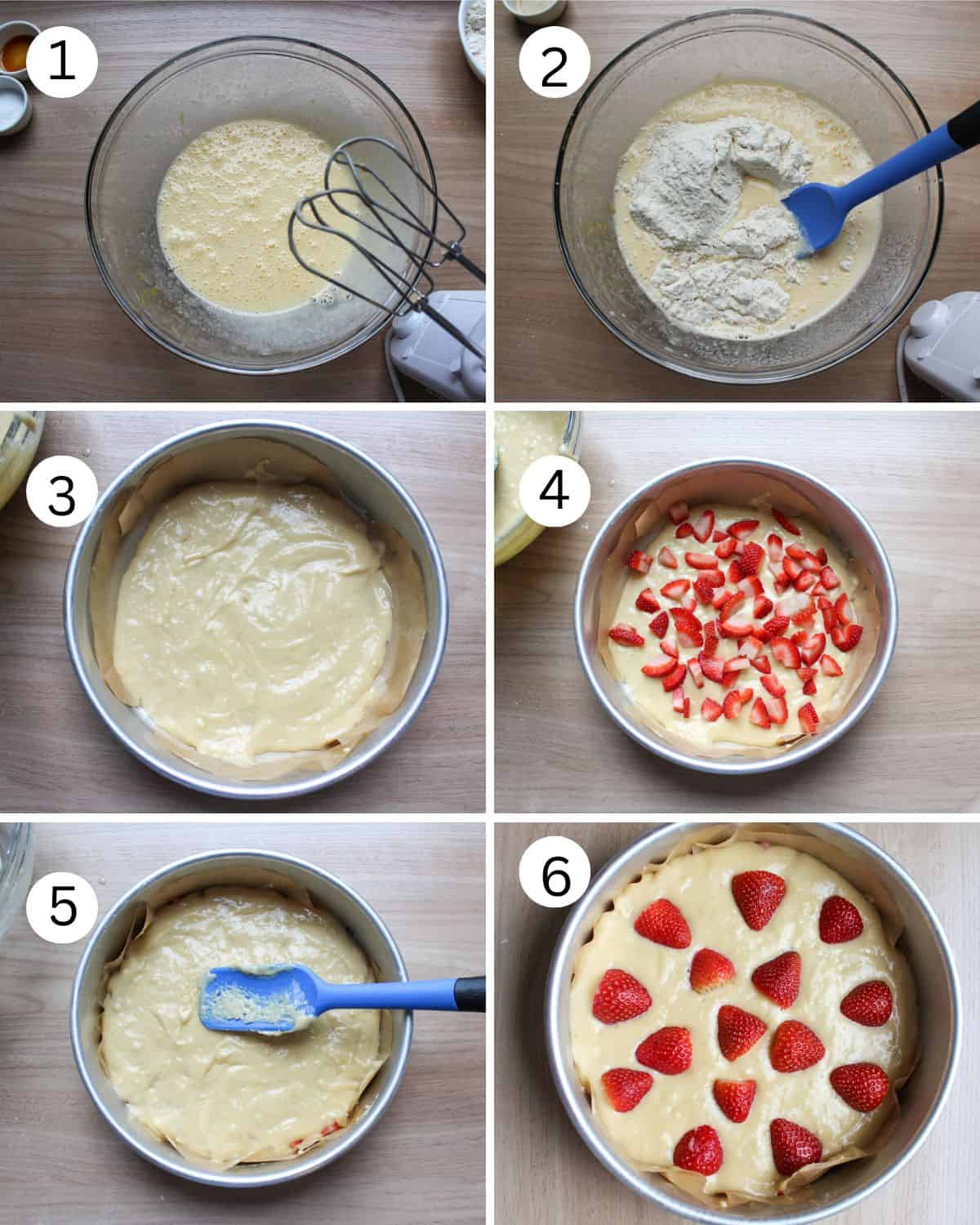 6-step collage showing how to make cake strawberry cake batter and layer the batter and fresh strawberries in the round cake pan. 