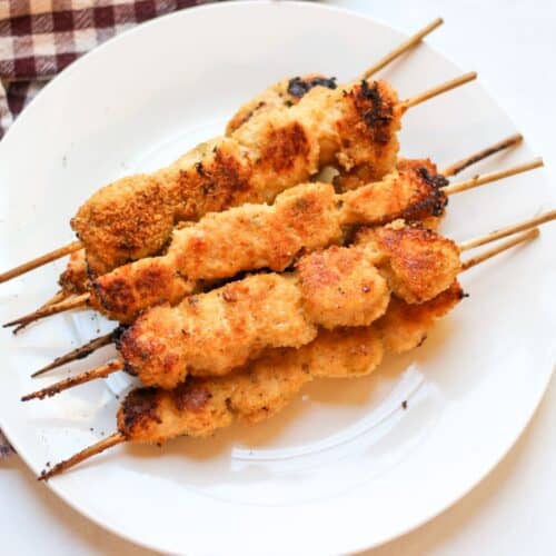 Garlic Parmesan chicken skewers baked in the oven, served on the plate.