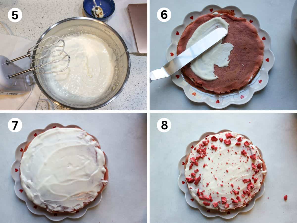 Mixing the cream cheese frosting and layering the crepes with the frosting to assemble the cake. 