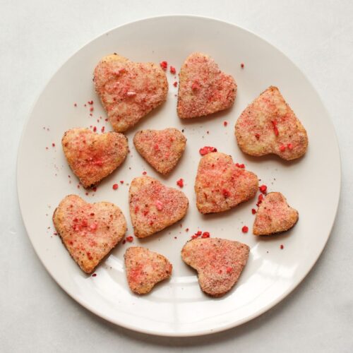 Heart shaped soft cookies with freeze-dried coating, baked until soft with lightly crisp edges.