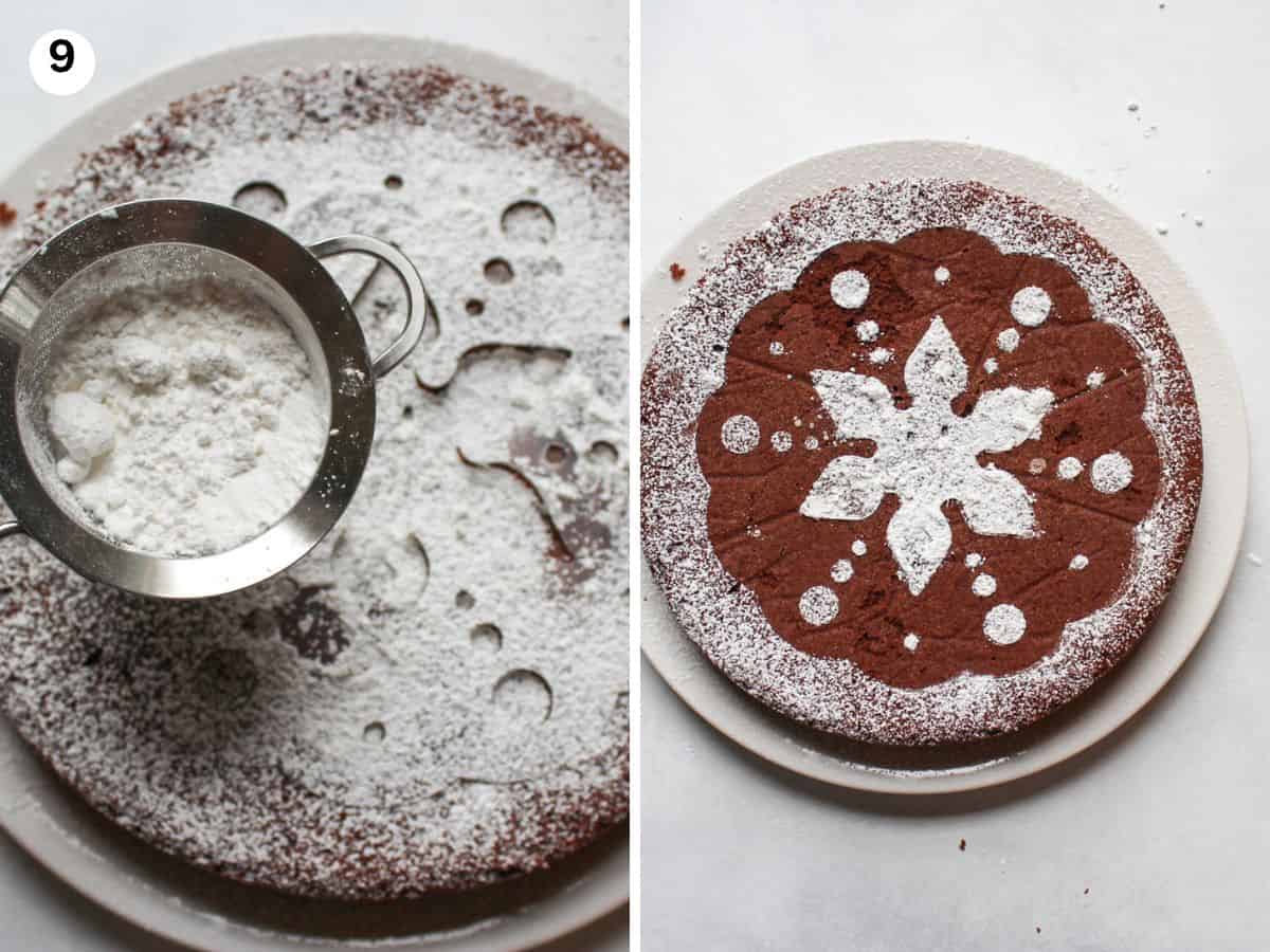 Dusting the cool down chocolate almond cake with powdered sugar using a cake stencil. 