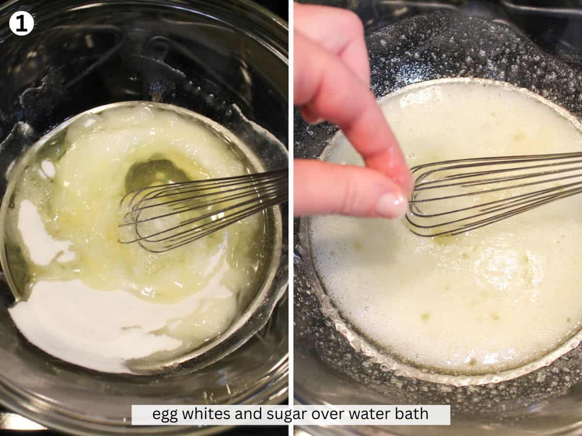 Whisking sugar and egg whites in a glass bowl over the water bath. Checking if the sugar dissolved. 
