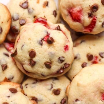 Soft strawberry chocolate chip cookies made with fresh strawberry pieces and melty chocolate chips.