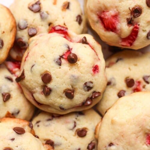 Soft strawberry chocolate chip cookies made with fresh strawberry pieces and melty chocolate chips.