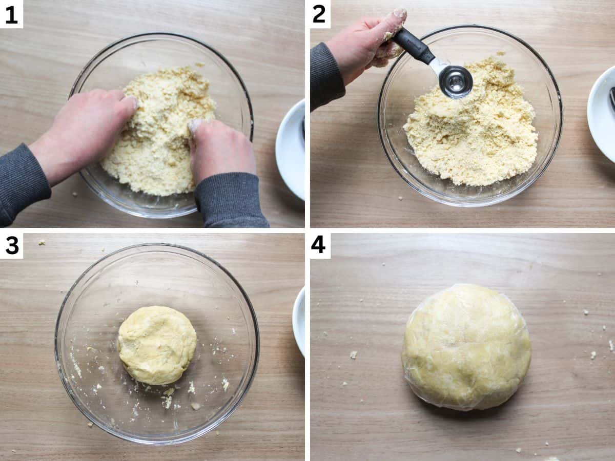 Step-by-step photos of mixing cold butter with flour, adding cold water until the dough comes together, then wrapping it in plastic wrap before chilling in the fridge.