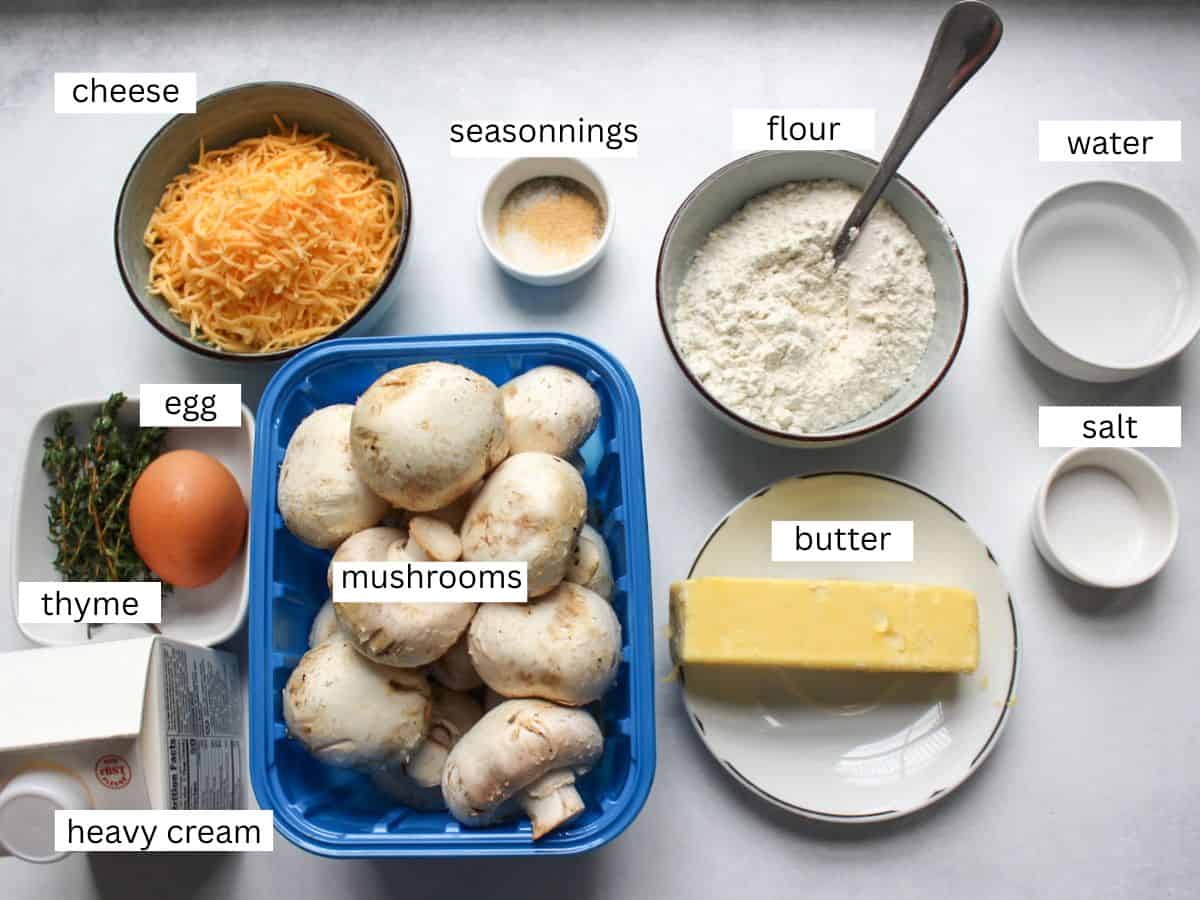 Mushroom tart ingredients on a white background.