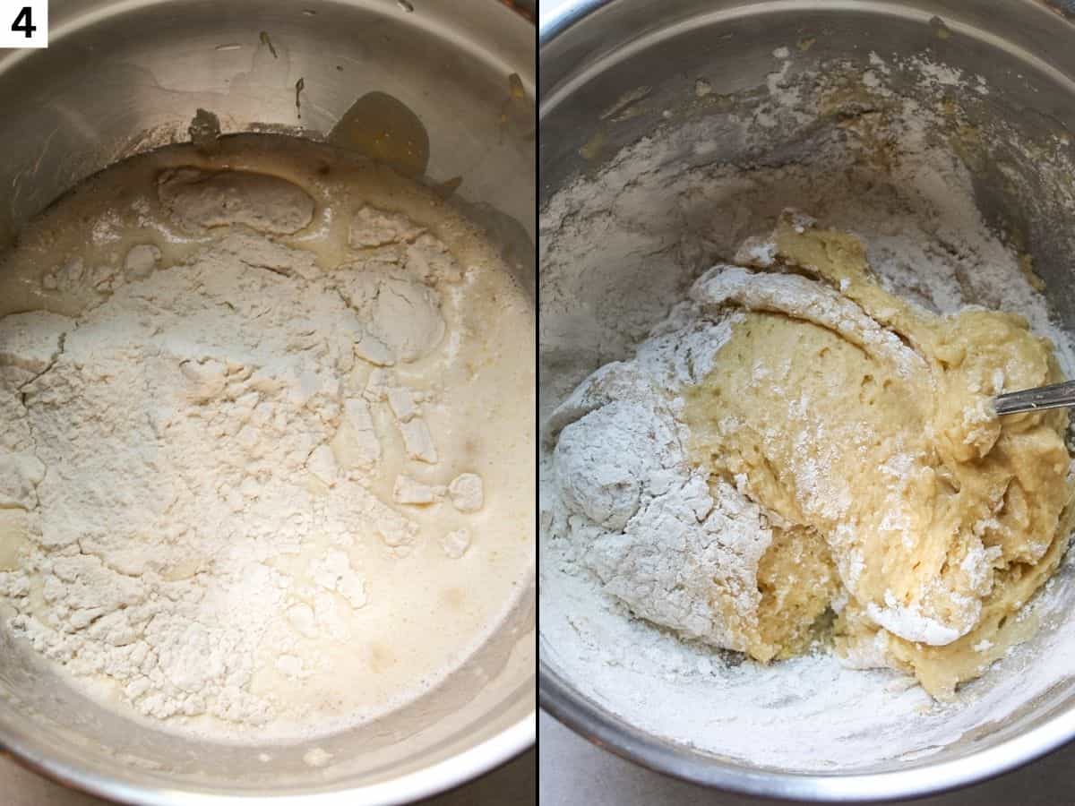Flour is added to wet ingredients and mixed until sticky. 