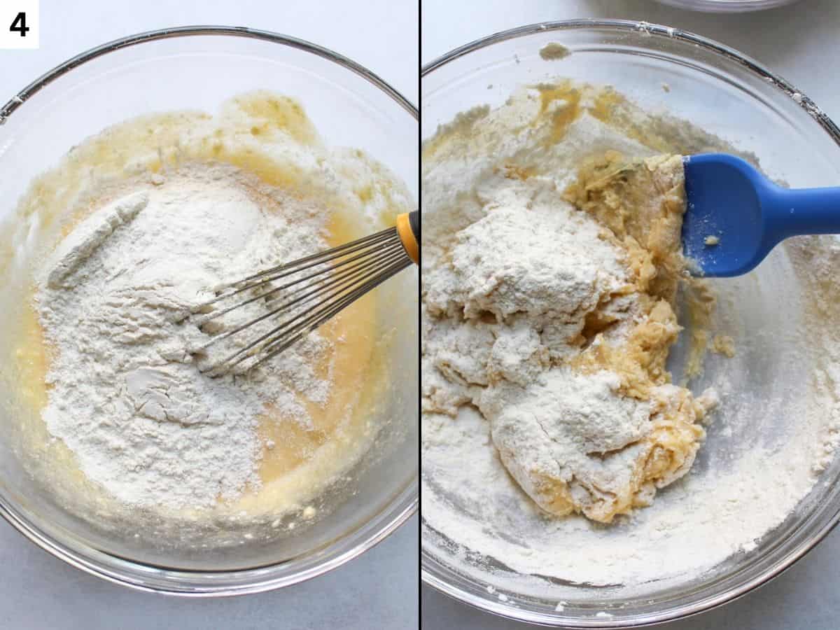 Flour is gradually added to wet ingredients and mixed in using silicone spatula. 