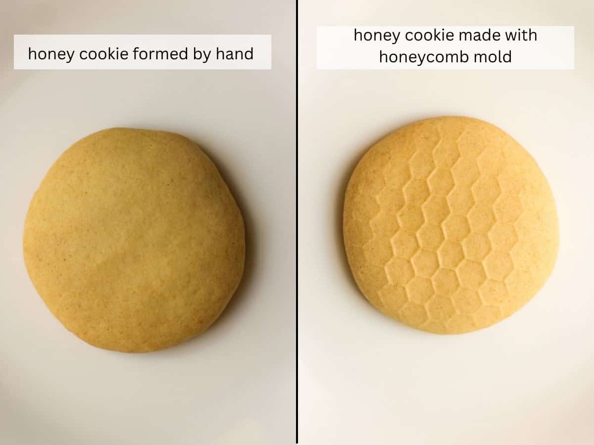 Honey cookie without Honey cookies side by side, one plain and one with a honeycomb pattern