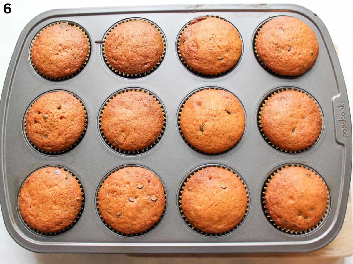 Golden honey muffins in muffin pan straight from the oven. 