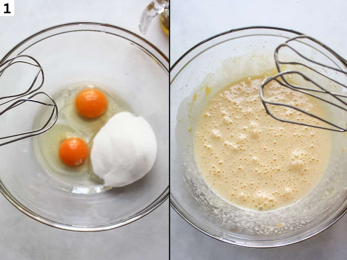 Mixing eggs and sugar in a large bowl with electric mixer. 