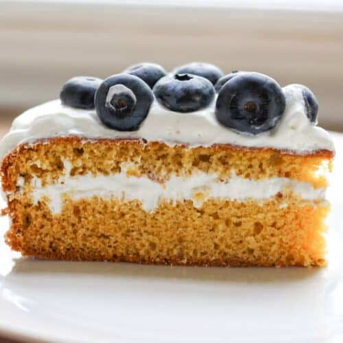 Honey sponge cake slice with creamy frosting and blueberries on top.