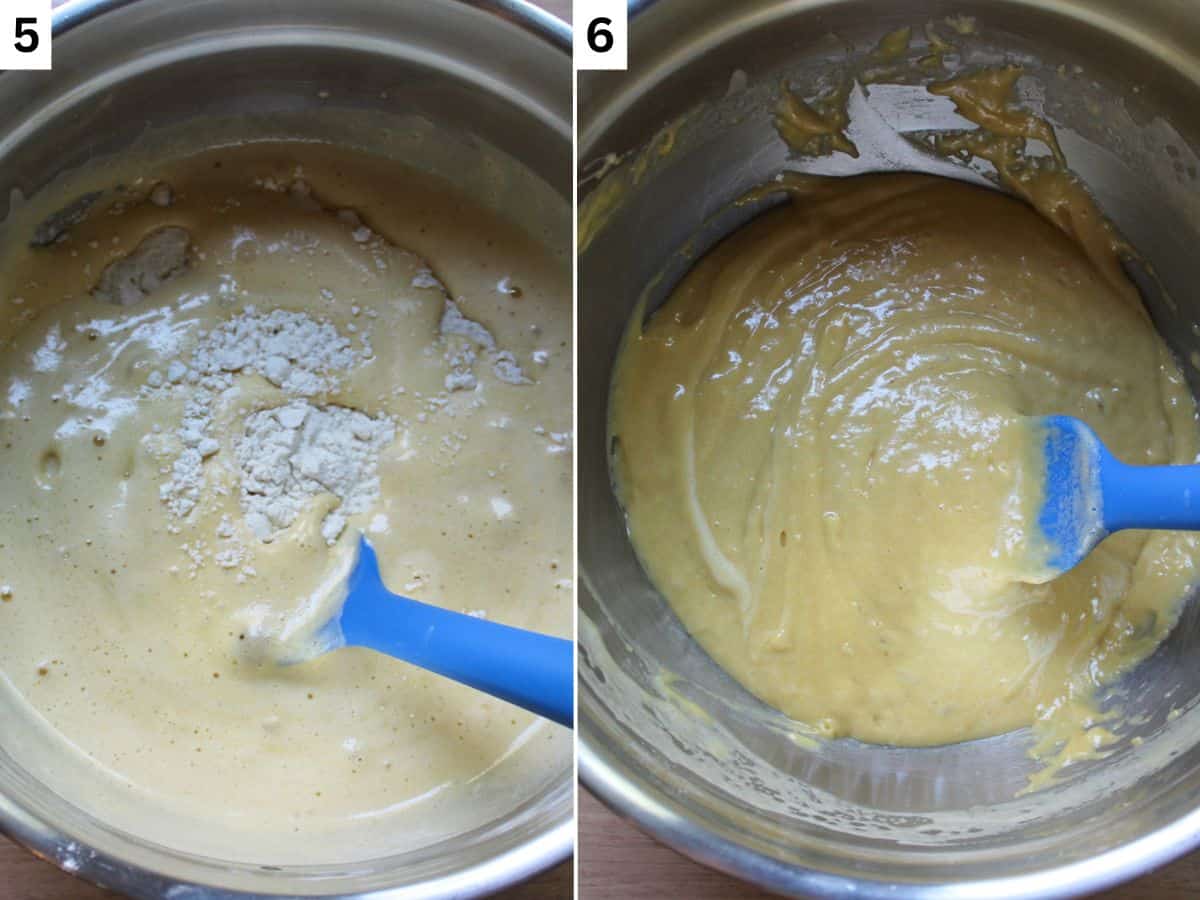 Adding flour and mixing it into the sponge cake batter using silicone spatula. 