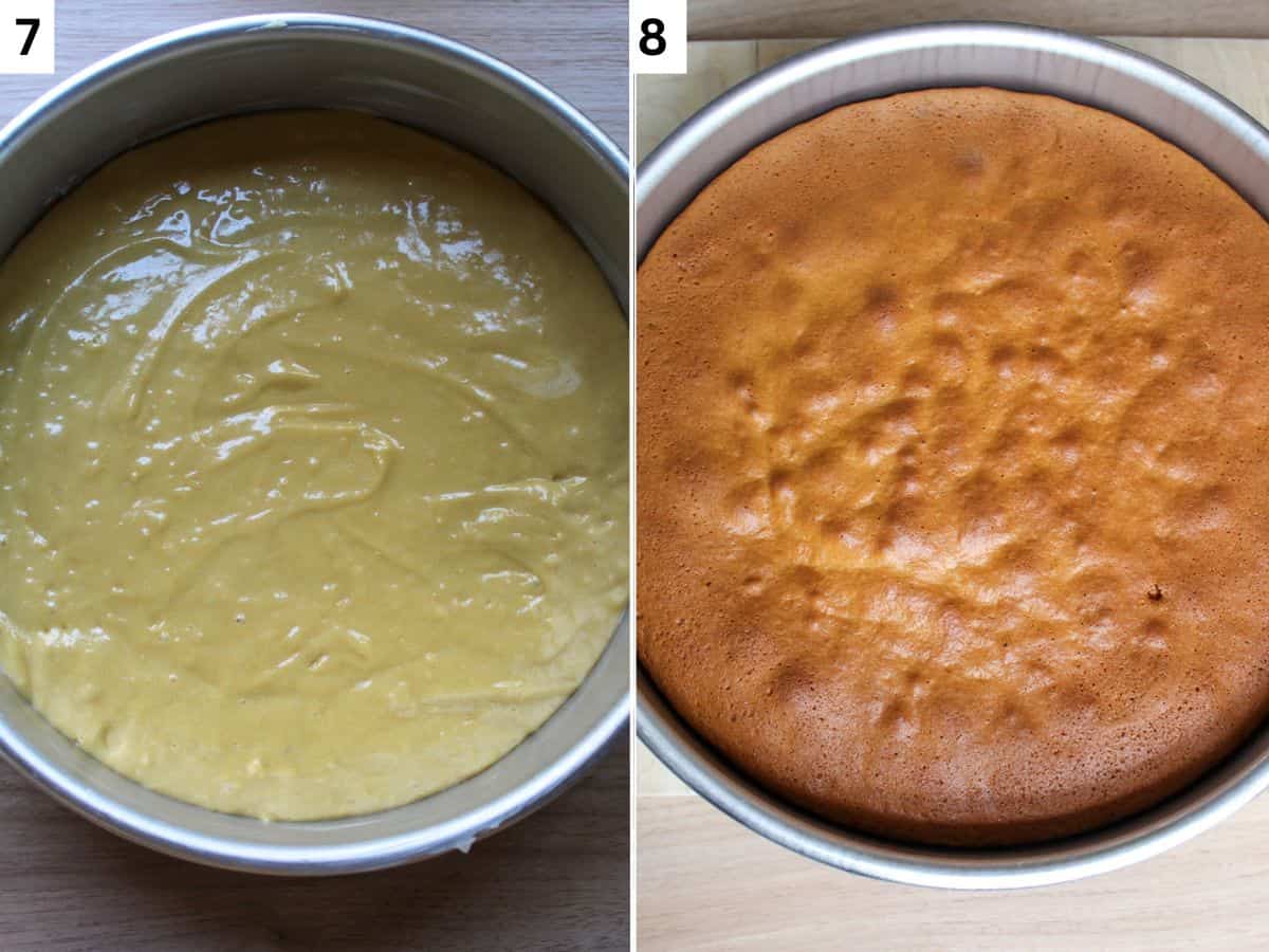 Honey sponge cake batter poured evenly into the round cake pan on the left. Baked round sponge cake on the right. 