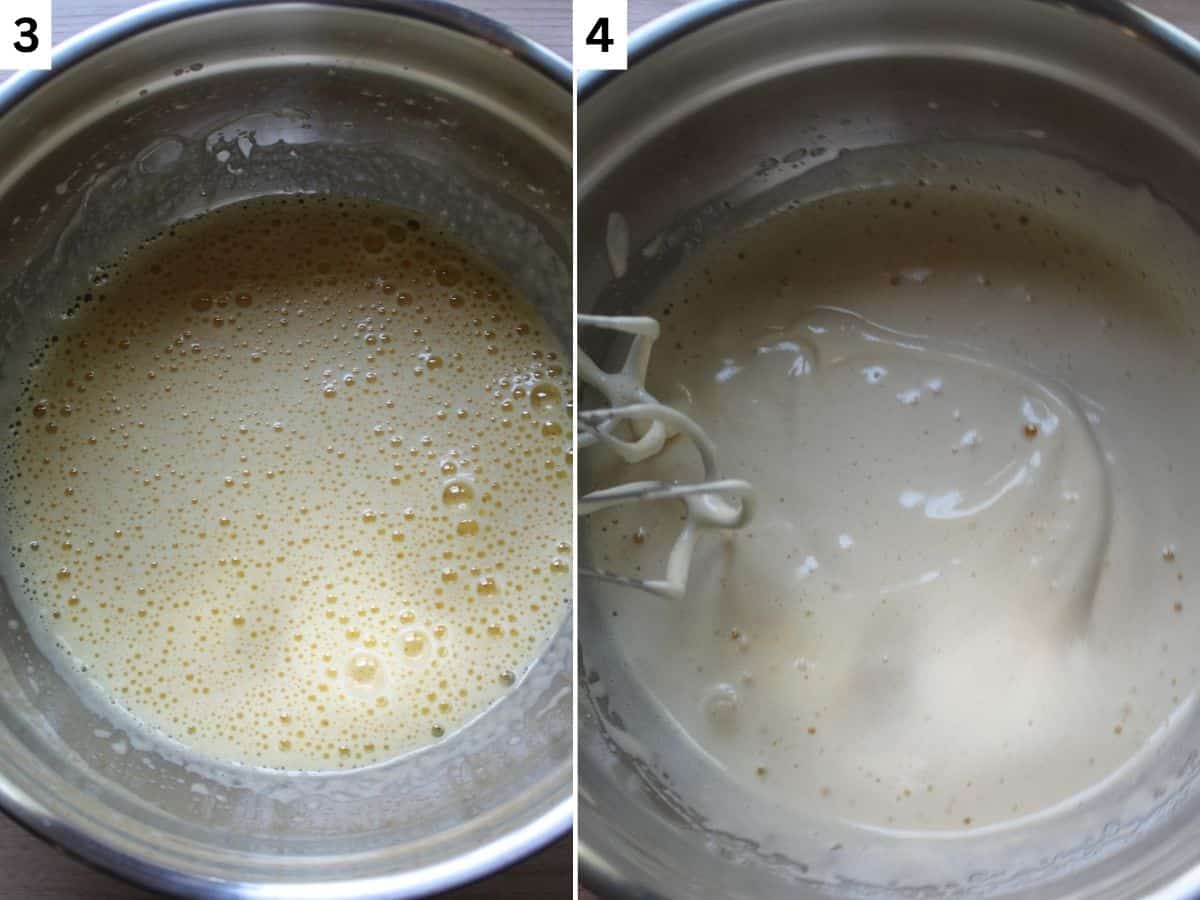 Beating eggs and sugar until they double in size for the sponge base. 