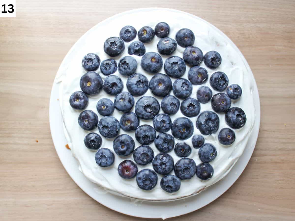 Frosted honey cake with fresh blueberries on top. 