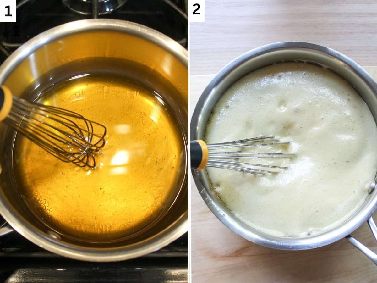 Honey heated in a saucer pan. It becomes bubbly after adding the baking soda. 