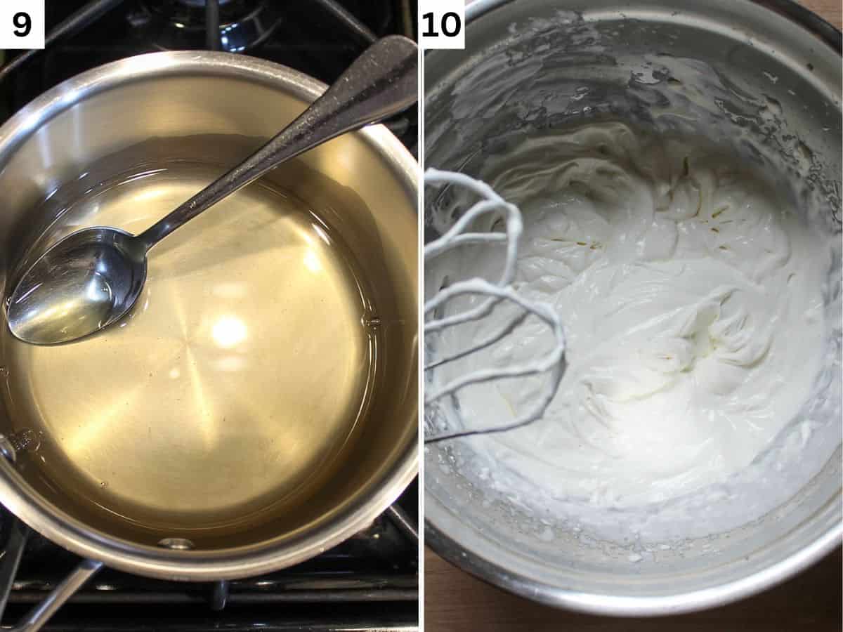 Making the honey cake soak in a saucepan on the left. Making the frosting in the large bowl on the right. 