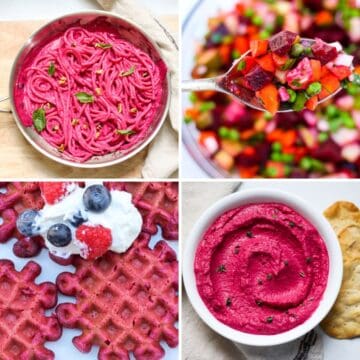 Collage of 4 dished made with beets: beet pasta sauce, beet salad, beet waffles and beetroot hummus.