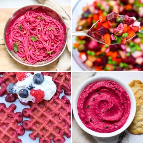 Collage of 4 dished made with beets: beet pasta sauce, beet salad, beet waffles and beetroot hummus.