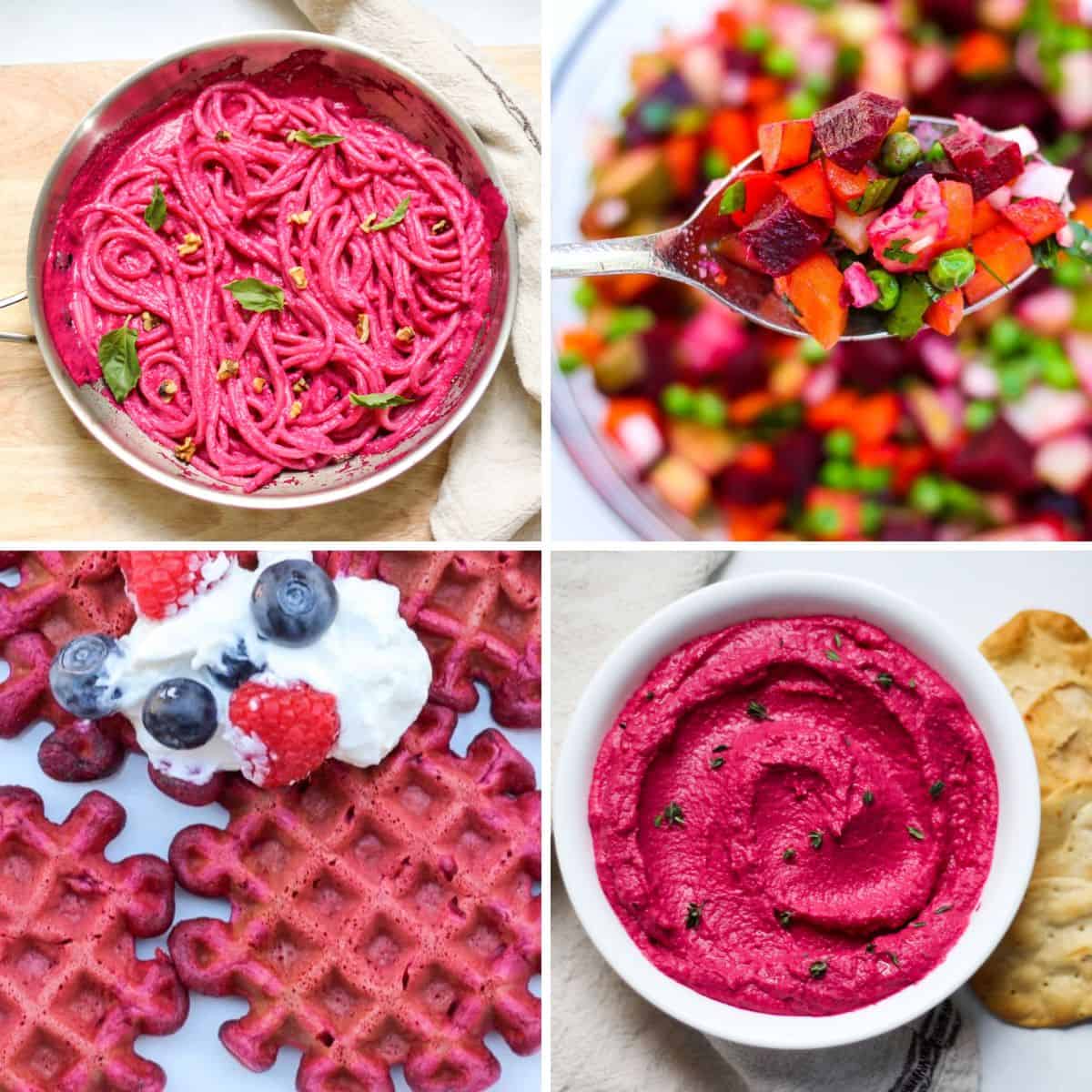 Collage of 4 dished made with beets: beet pasta sauce, beet salad, beet waffles and beetroot hummus.