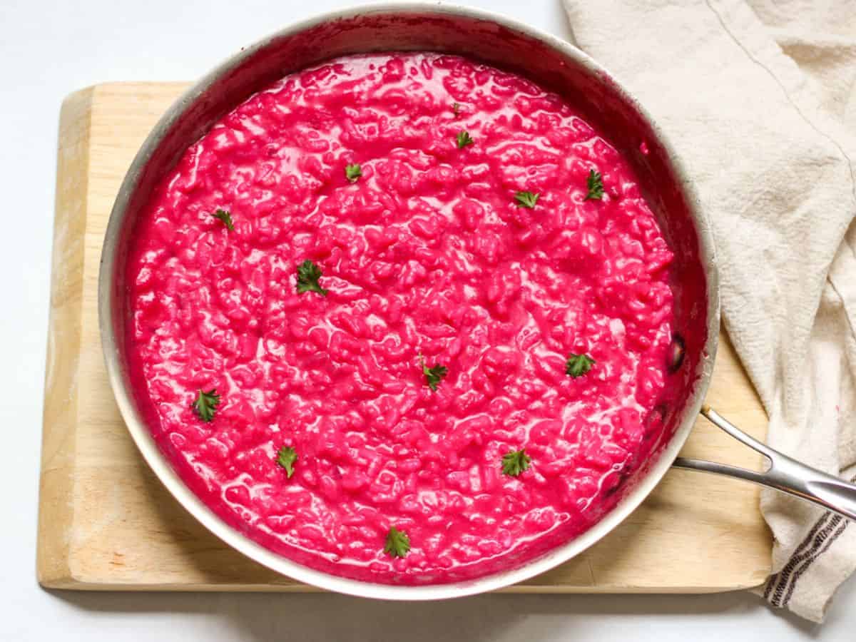 Arborio rice risotto made with creamed beets and Gorgonzola cheese. 