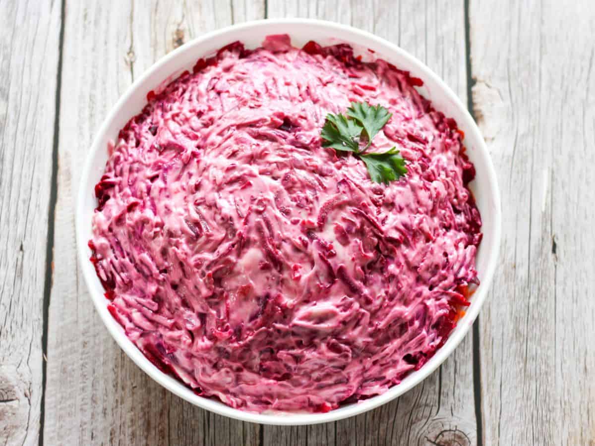 Layered shuba salad in a serving dish. 