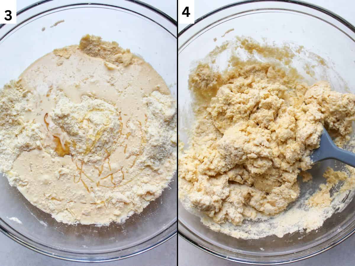 Two image collage: Adding mixed wet ingredients and honey to the dry ingredients on the left; shaggy scone dough after mixing it with spatula on the right. 