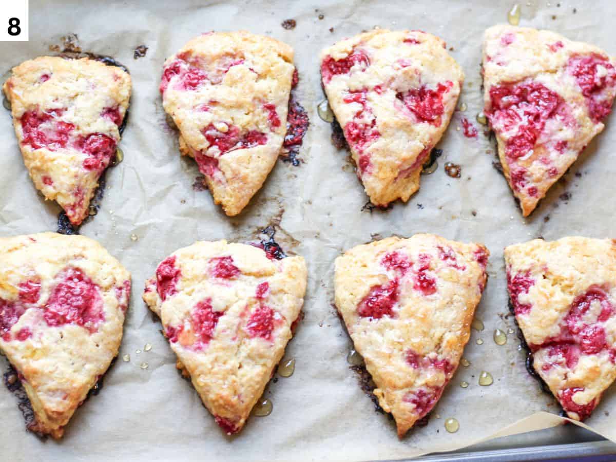 Baked scones with juicy raspberries on a baking pan lined with parchment paper, drizzled with honey. 
