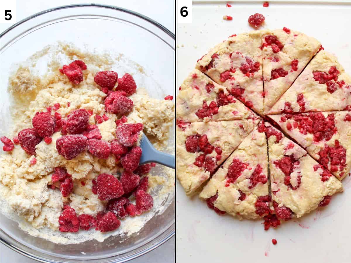 Two image collage: Folding frozen raspberries into the dough on the left. Formed batter on a flat surface into the disk and sliced into 8 edges on the right. 