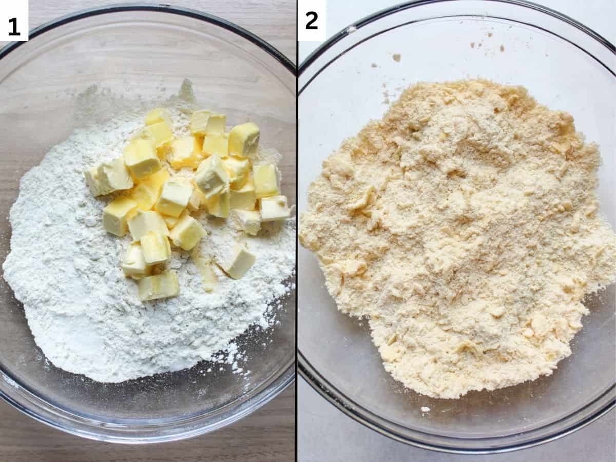 Two image collage: adding cold cubed butter added to the dry ingredients and resulting pea-sized butter texture after cutting it into the flour.