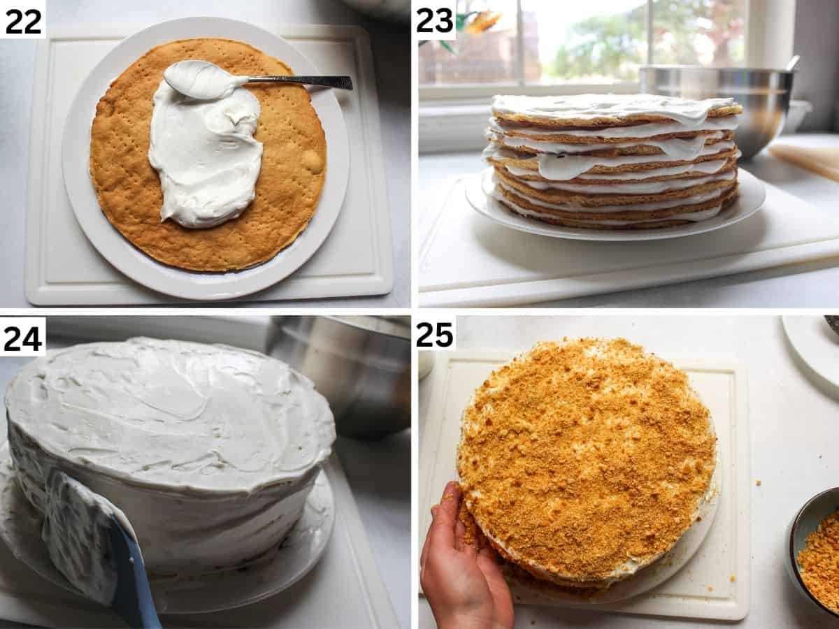 Step-by-step images showing how to assemble 8-alyer honey cake with sour cream frosting and how to apply the crumb on top and on the sides of the cake. 
