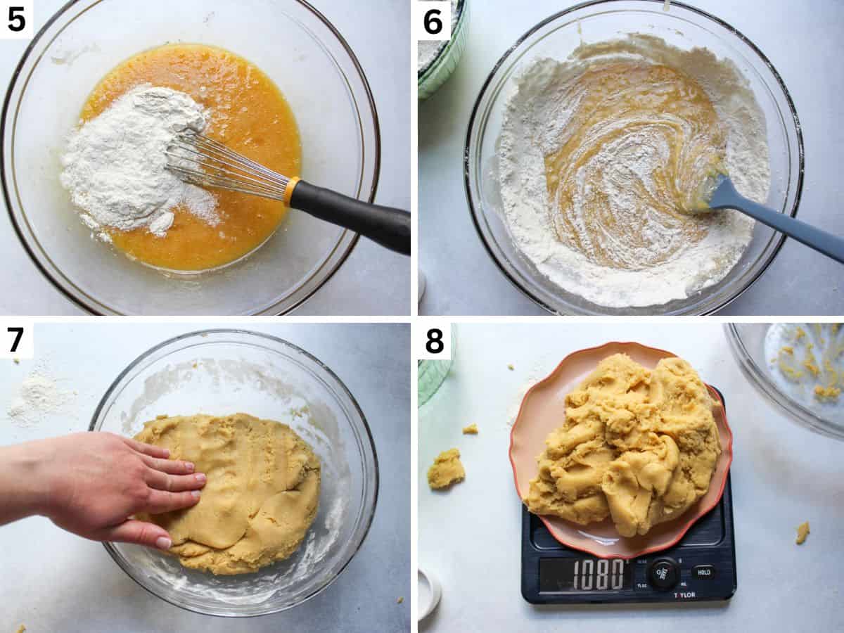 Step-by-step collage image showing how to add flour gradually to the wet ingredients, mixing it all into a thick dough, and weighting the dough on the kitchen scale. 