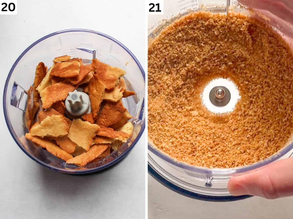 Baked layers scraps added to the food processor container and blended into fine crumb. 
